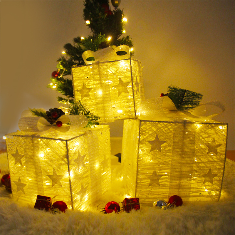 Set of 3 Pre-lit White Christmas Box Decorations Indoor, Battery Operated 