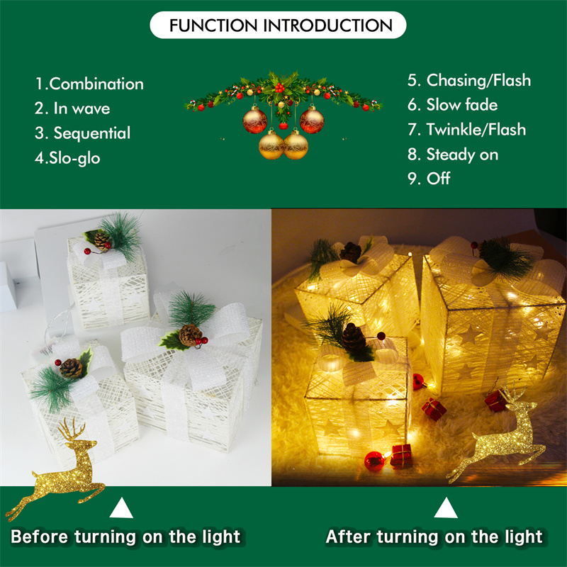 Set of 3 Pre-lit White Christmas Box Decorations Indoor, Battery Operated 