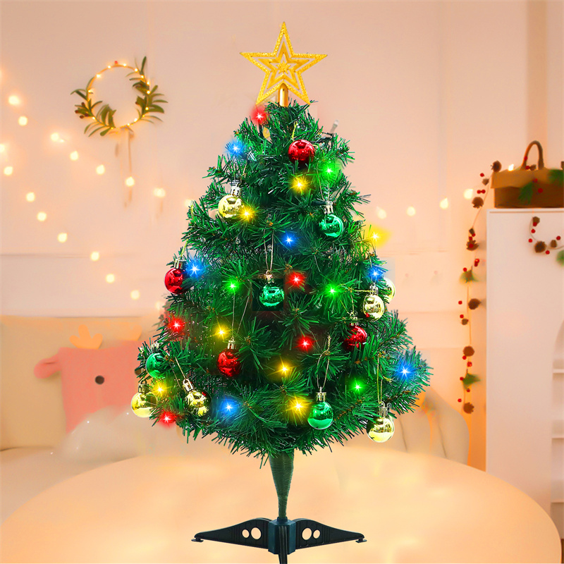 23 Inch DIY Tabletop Mini Christmas Tree Set with Multicolor LED Lights, Star Treetopper, Hanging Ornaments Balls 