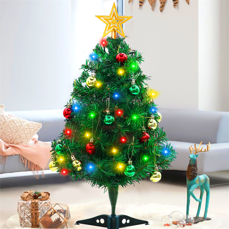 23 Inch DIY Tabletop Mini Christmas Tree Set with Multicolor LED Lights, Star Treetopper, Hanging Ornaments Balls