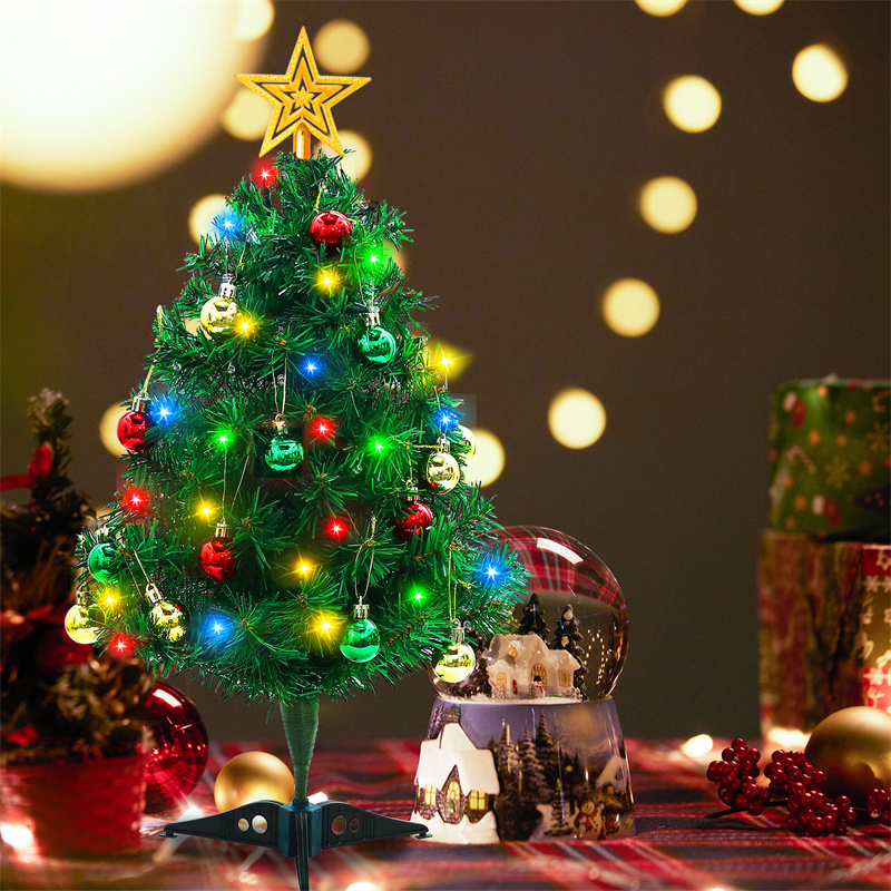 23 Inch DIY Tabletop Mini Christmas Tree Set with Multicolor LED Lights, Star Treetopper, Hanging Ornaments Balls