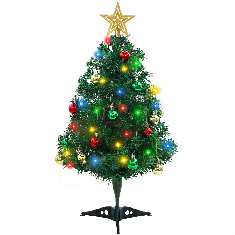 23 Inch DIY Tabletop Mini Christmas Tree Set with Multicolor LED Lights, Star Treetopper, Hanging Ornaments Balls