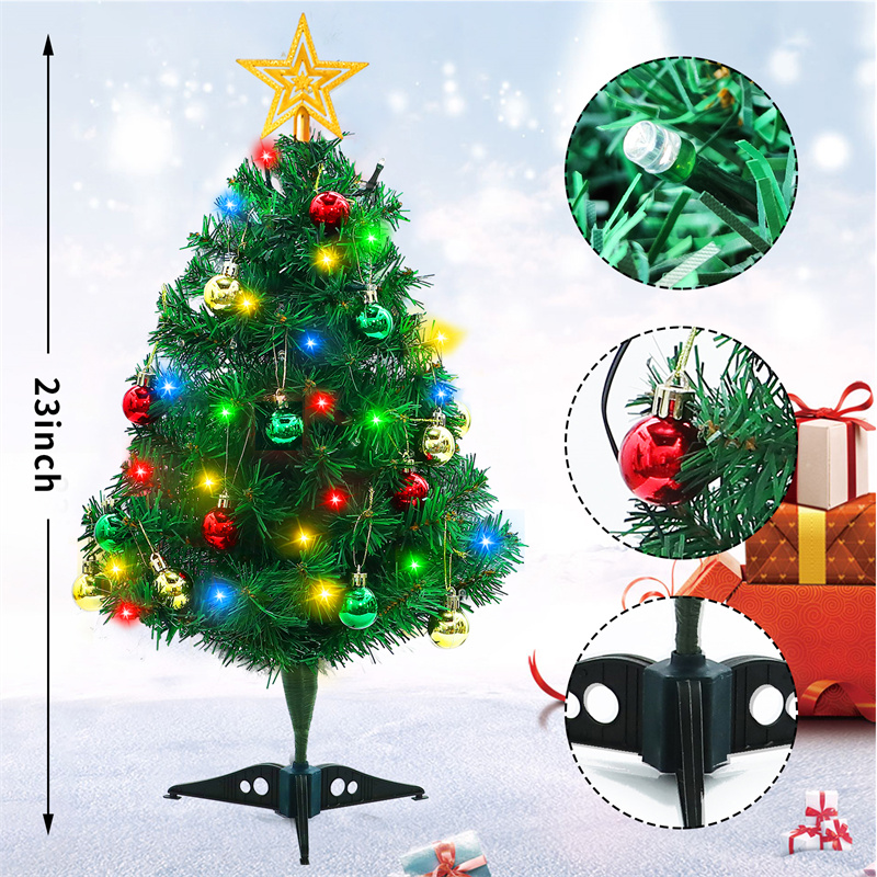 23 Inch DIY Tabletop Mini Christmas Tree Set with Multicolor LED Lights, Star Treetopper, Hanging Ornaments Balls 