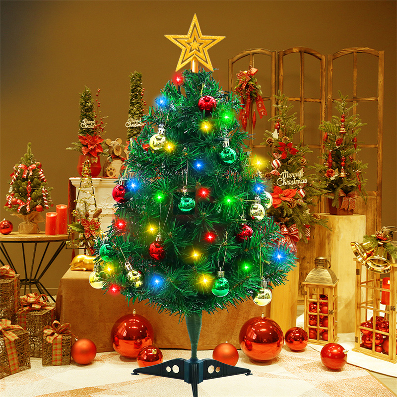 23 Inch DIY Tabletop Mini Christmas Tree Set with Multicolor LED Lights, Star Treetopper, Hanging Ornaments Balls 