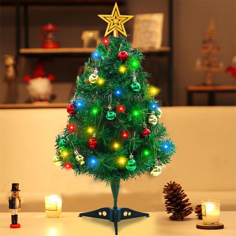 23 Inch DIY Tabletop Mini Christmas Tree Set with Multicolor LED Lights, Star Treetopper, Hanging Ornaments Balls 