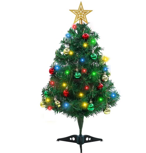 23 Inch DIY Tabletop Mini Christmas Tree Set with Multicolor LED Lights, Star Treetopper, Hanging Ornaments Balls