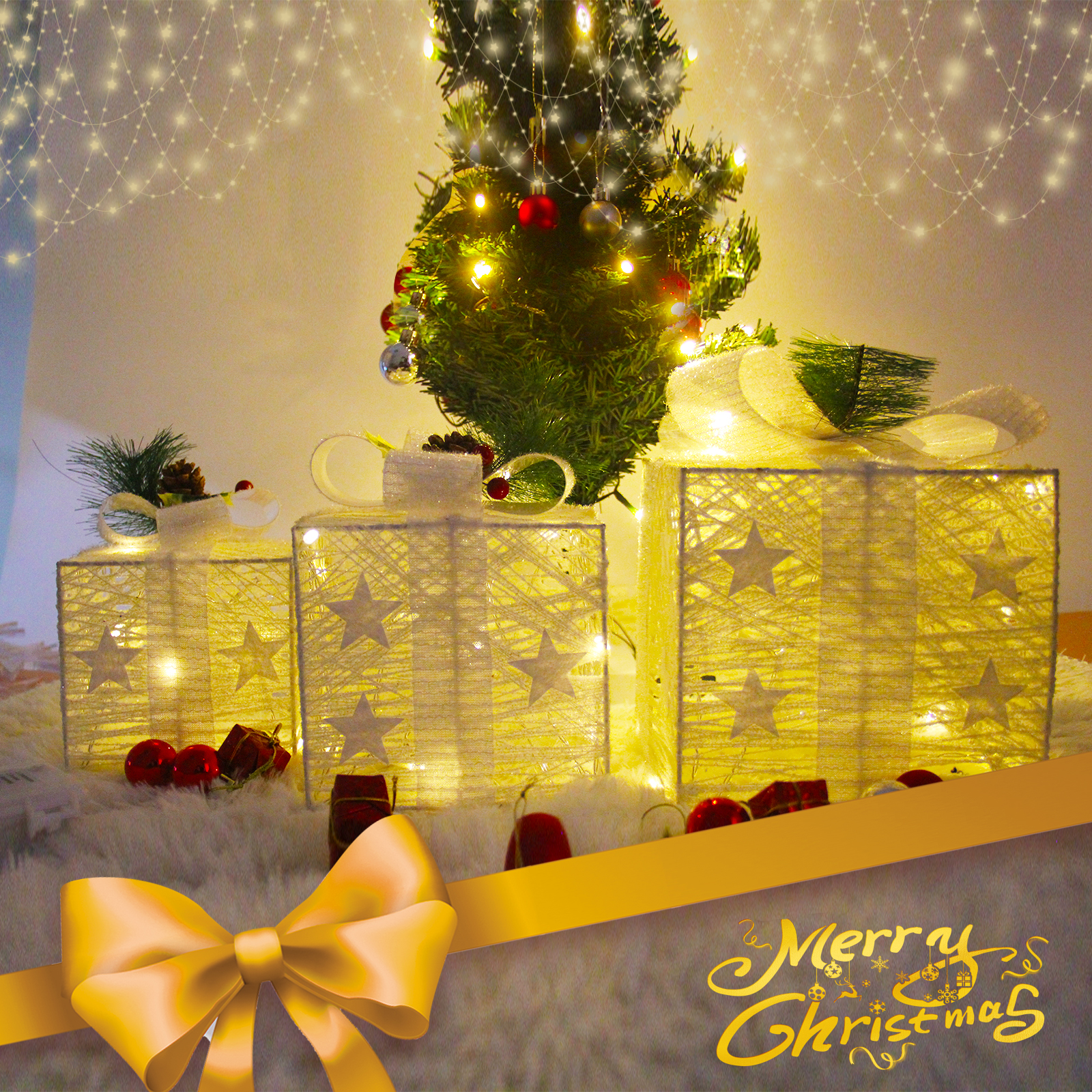 Christmas Lighted Gift Boxes set-cotton